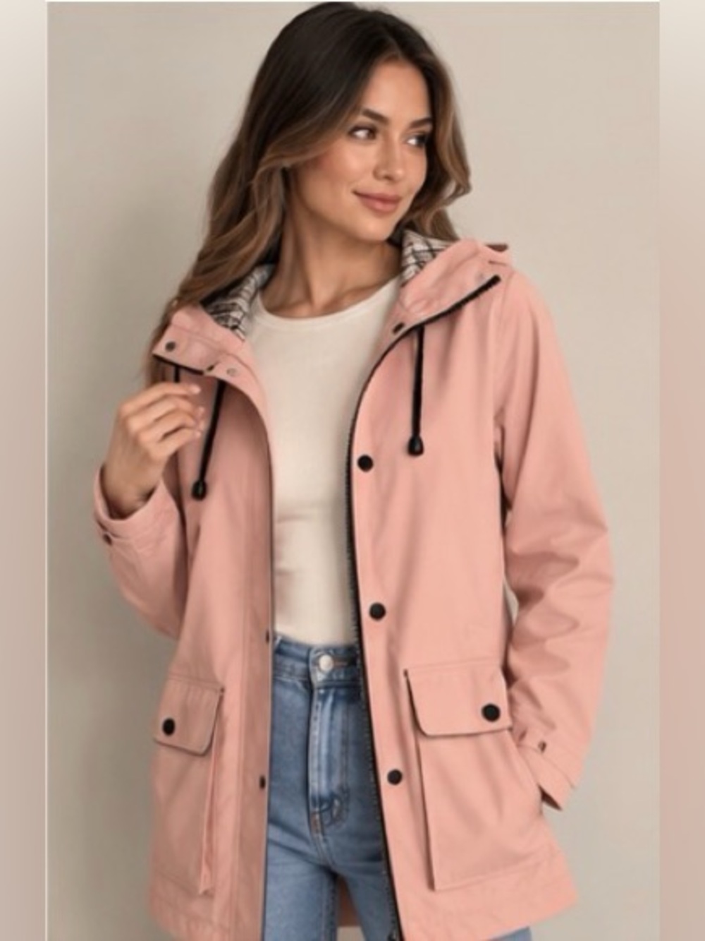 Topshop Petite Blush Pink Hooded Raincoat Plaid Lined US 0